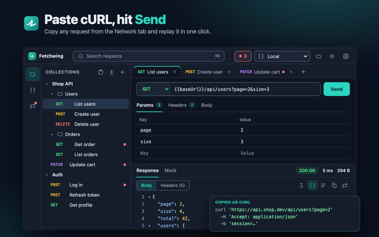 Fetchwing panel showing a request and its JSON response